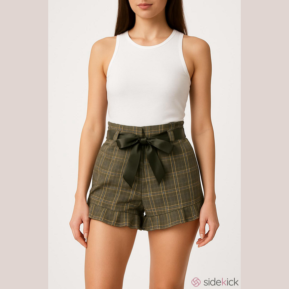 Gianni Bini Pants - Gianni Bini Green Plaid Belted Shorts